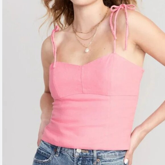 ⭐️Fitted Linen-Blend Tie-Shoulder Cropped Hipster Boho Classy Minimal Cami Top - Picture 1 of 3